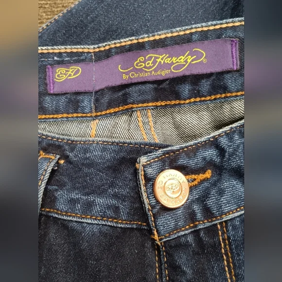 Ed Hardy Blue Dark Wash Ripped Boyfriend Denim Jeans Women's 32x30 SUPERB CONDIT - Picture 4 of 12